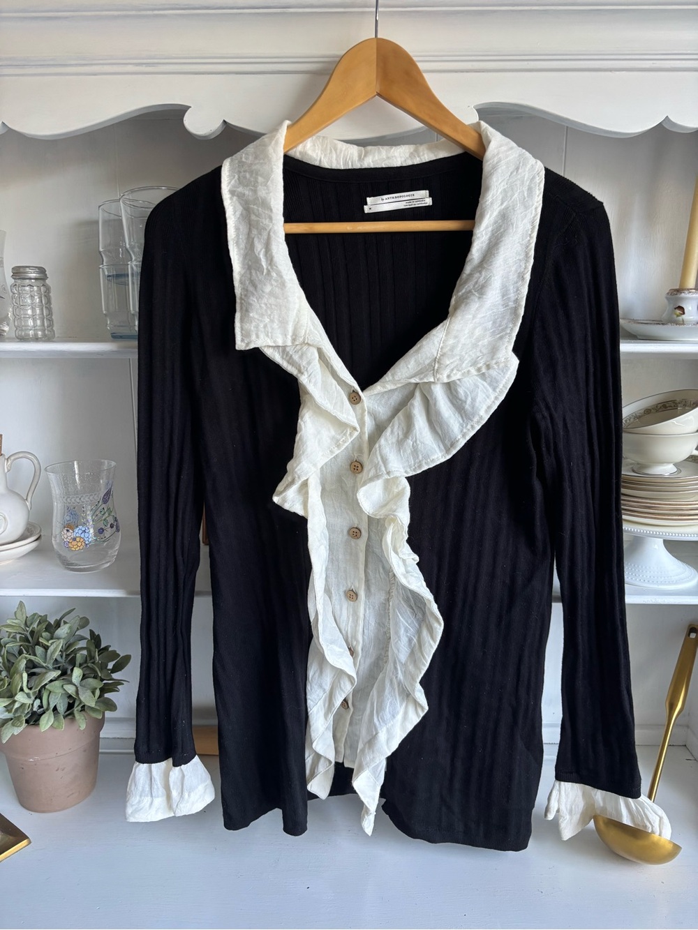 Anthropologie Black Button-Down Top with White Ruffle Trim